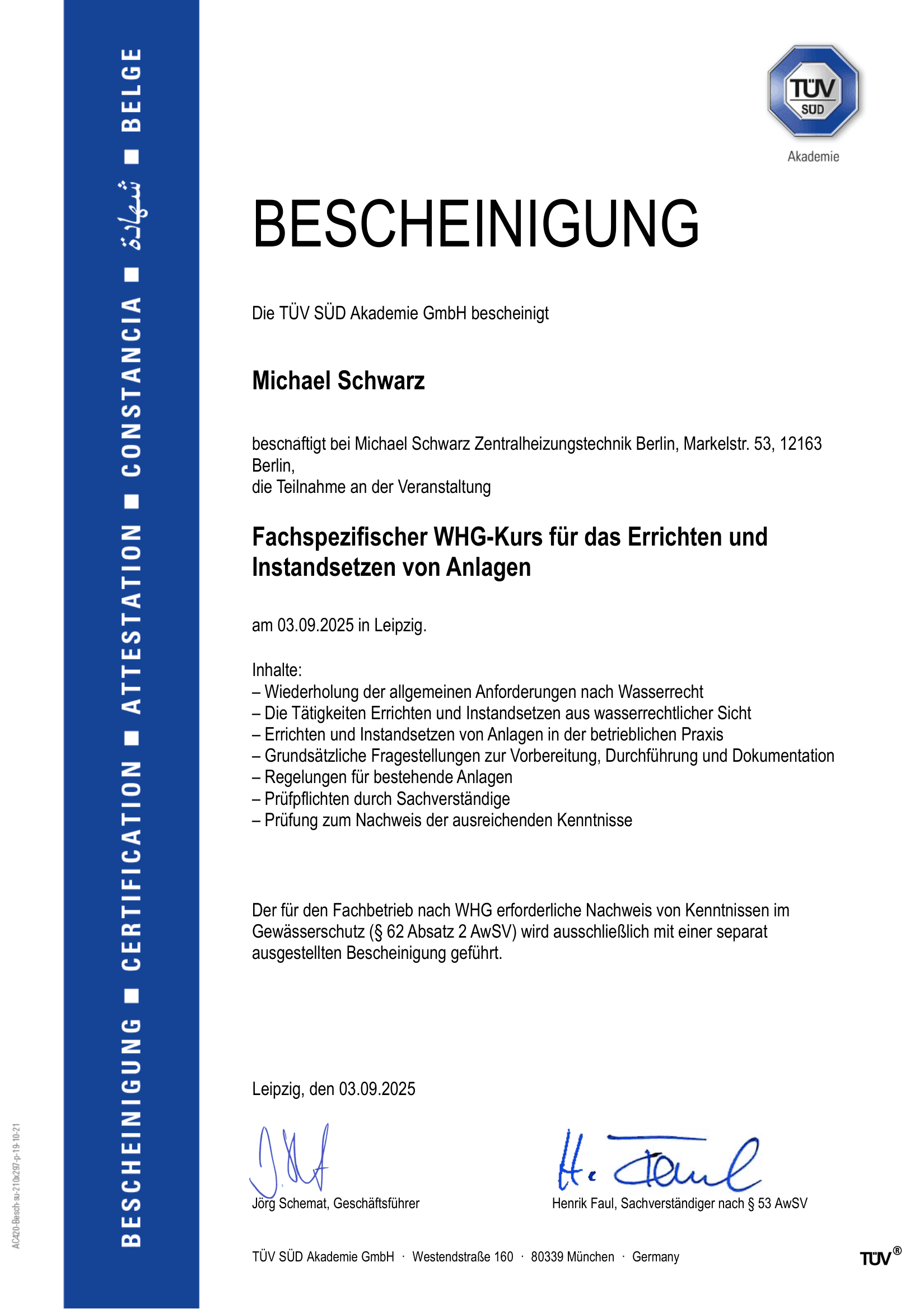 TÜV Süd WHG-Kurs Bescheinigung
