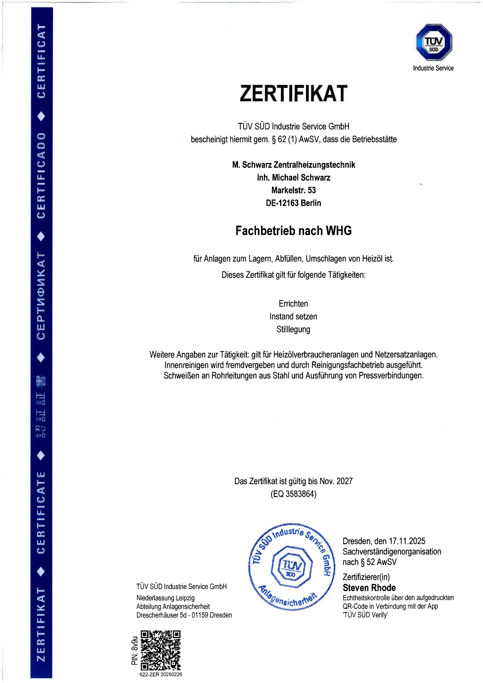 TÜV Süd WHG Zertifikat